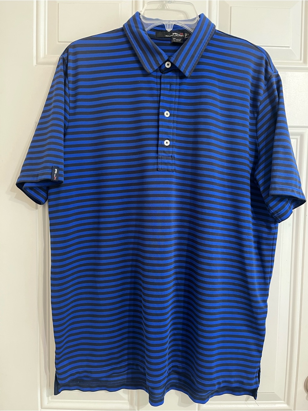 RLX Ralph Lauren Men’s L Performance Golf Polo Blue Black Striped Short Sleeve